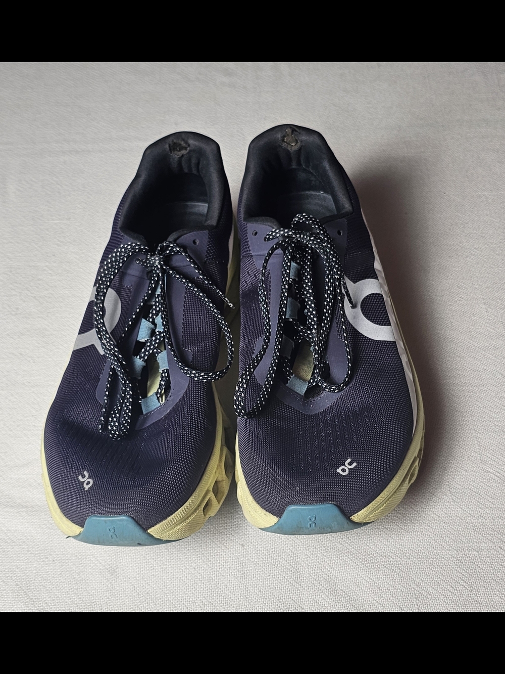 On Cloudmonster running shoes Mens Size 9.5 Iron/Hay Wear In Heel Area